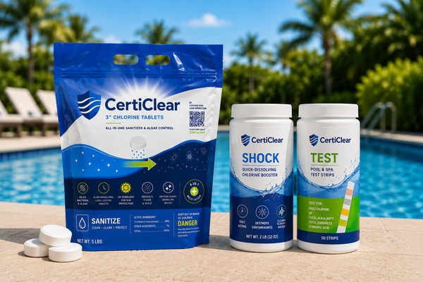 CertiClear Pool Care Kit — Chlorine Tablets + Pool Shock + Test Strips