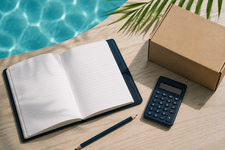 Illustration of a planner, calculator and closed shipping box for purchase planning