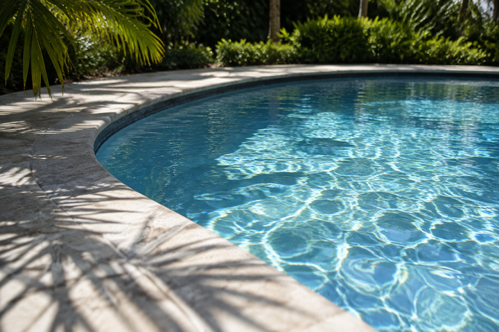Illustrative pool scene with sunlight and palm-leaf shadows on the water