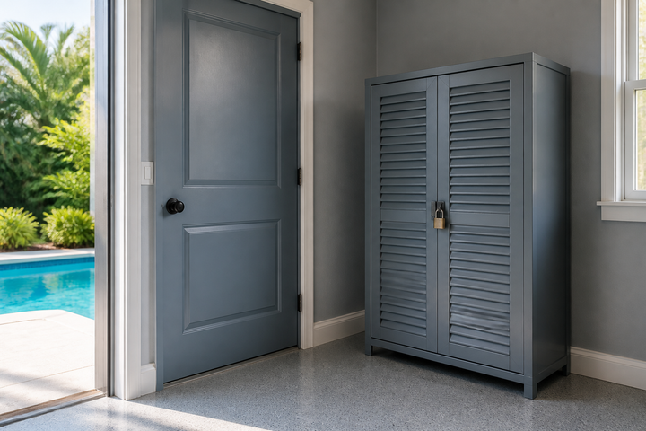 Illustration of a closed, locked cabinet in a dry utility room
