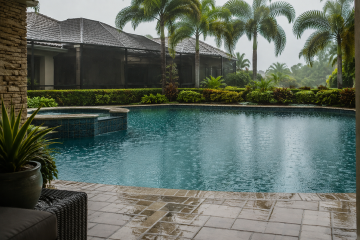 Illustrative view of rain falling on a residential pool from a sheltered patio