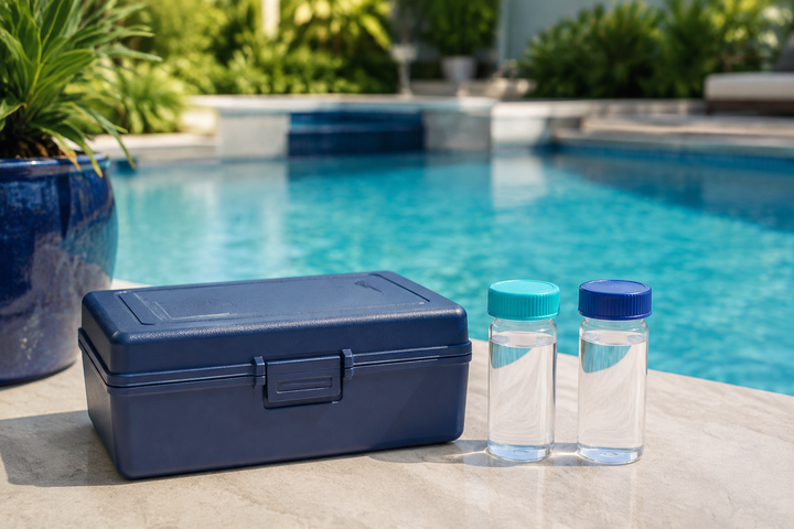 Illustration of a closed water-test kit and capped sample vials beside a pool